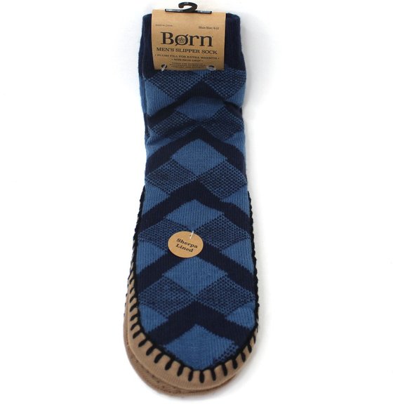 Born Sherpa Lined Slipper Sock Blue Argyle Non-Slip Soles Men's - Picture 1 of 5